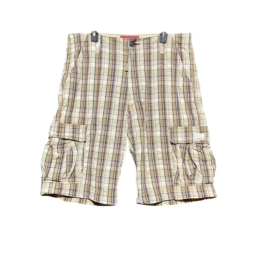 Levis Mens Plaid Cargo Shorts 37 Brown Blue Cotton Relaxed Fit Utility Hiking